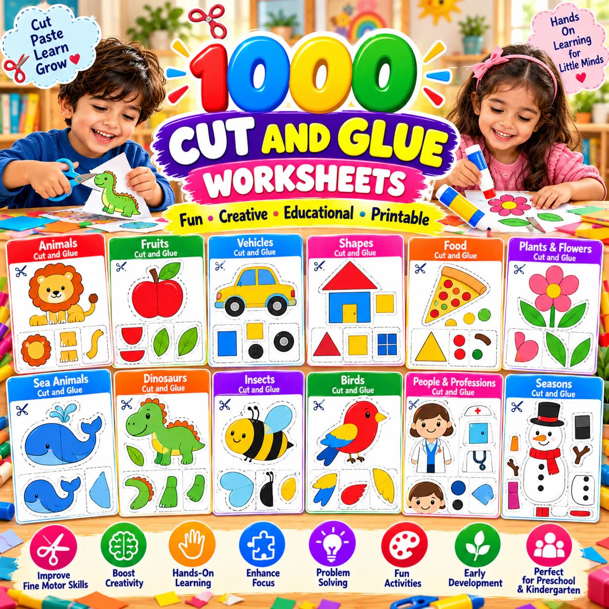 1000 cut and glue worksheets: animals, fruits, vehicles, shapes, dinosaurs, insects, birds, professions and seasons