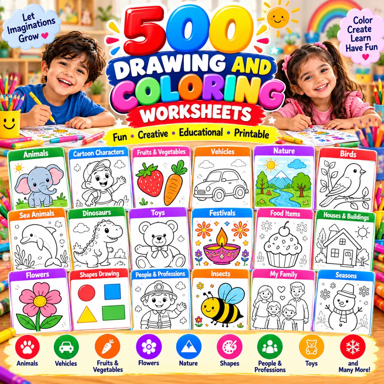 500 drawing and coloring worksheets: animals, cartoons, fruits, vehicles, nature, festivals, flowers, family and seasons