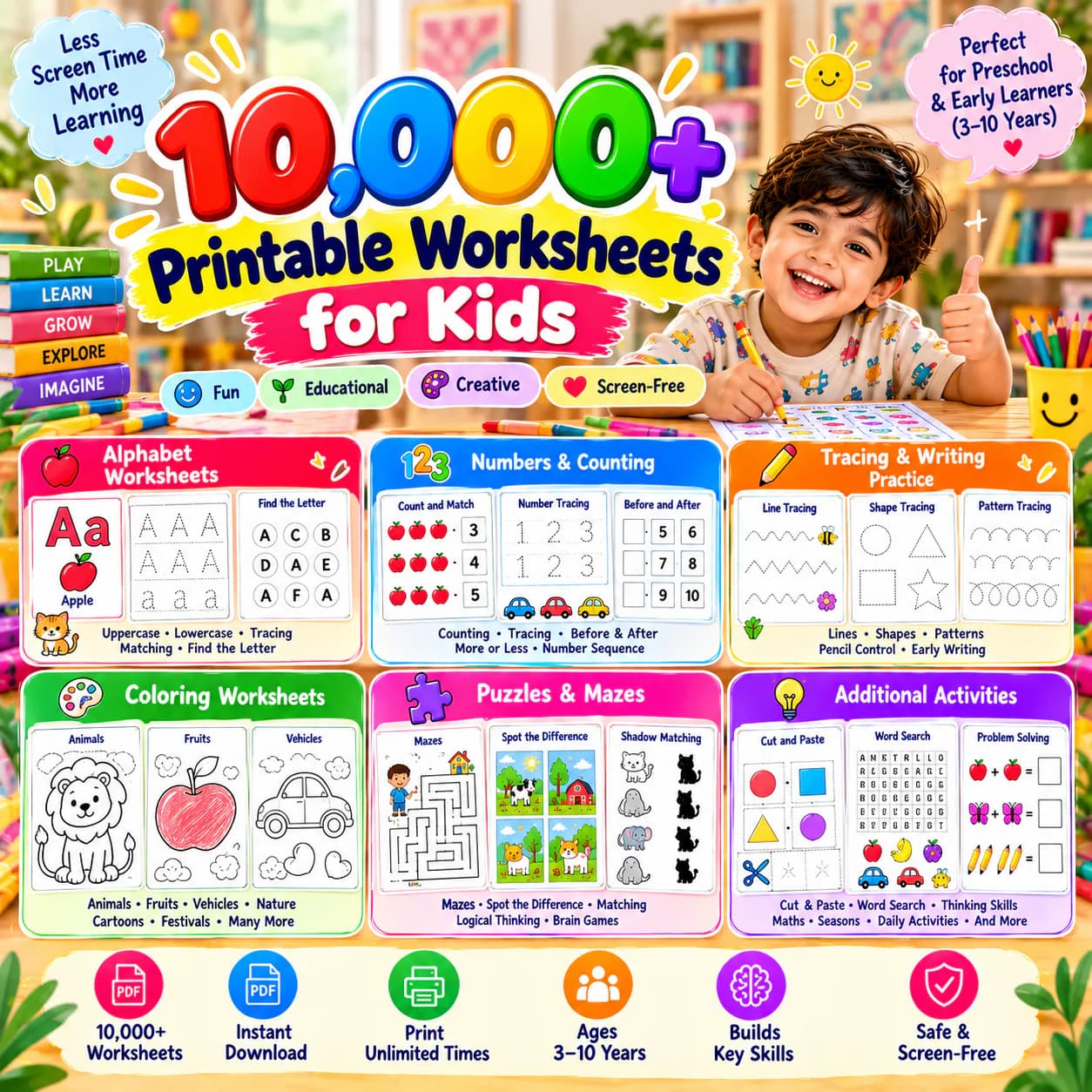 Overview of the 10,000+ worksheet bundle: alphabet, numbers, tracing, coloring, puzzles, mazes and more, for ages 3 to 10