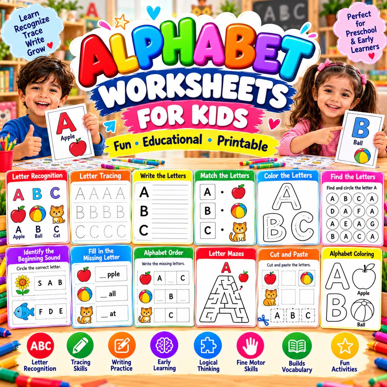 Alphabet worksheets: letter recognition, tracing, writing, beginning sounds, missing letters, letter mazes and coloring