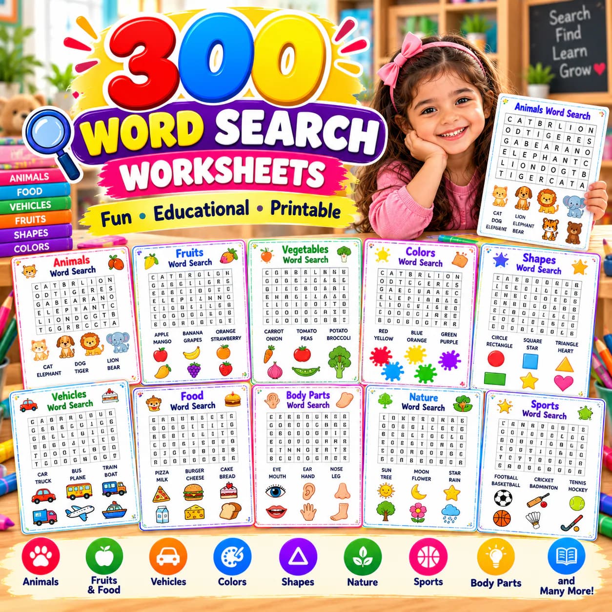 300 word search worksheets on animals, fruits, vegetables, colors, shapes, vehicles, body parts, nature and sports