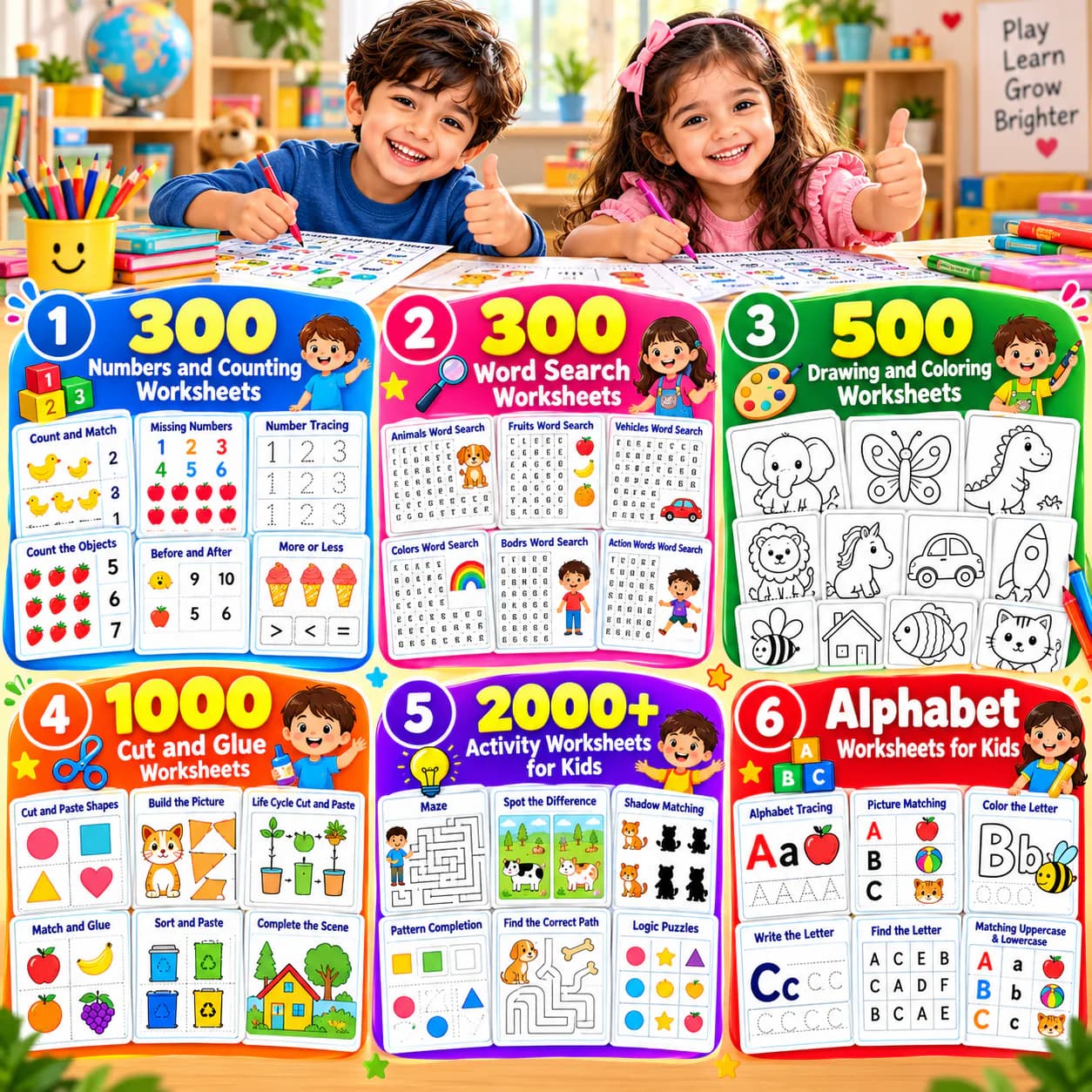 What's inside: six sets, from numbers, word search and coloring to cut and glue, activities and alphabet worksheets