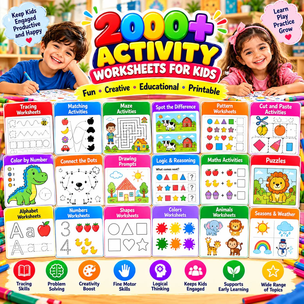 2000+ activity worksheets: mazes, spot the difference, patterns, color by number, connect the dots, logic puzzles, maths